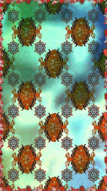 Çiçek deseni. Şatafatlı bahar bahçesi dokusu. Yeşil ve mavi renklerde çiçeksiz. Raster illüstrasyonu. Yeşil ve mavi renkte çiçekler.