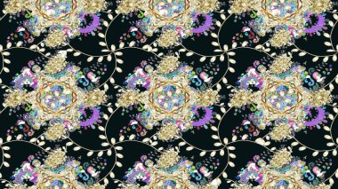 Raster Modaya uygun kumaş deseni. Renkli Bahar Teması eskiz kalıbı. Düz Çiçek Elementleri Tasarımı. Gri renkli şirin çiçek deseni.