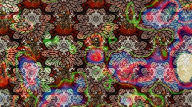 Şirin çiçekli eskiz deseni ve kahverengi renkli yapraklar, suluboya çiçek deseni, duvar kağıdı, kart veya kumaş için fayanslı. Raster illüstrasyonu.