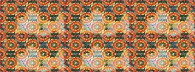 Turuncu renklerde altın desenli, altın elementli. İslam tasarımı. Raster altın tekstil baskısı. Çiçek kiremitleri. Kusursuz desenli oryantal süs.