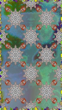 Kusursuz çiçek deseni. Raster illüstrasyonu. Gri ve yeşil renkli çiçekler. Asya tekstil tarzında. Raster illüstrasyonu.