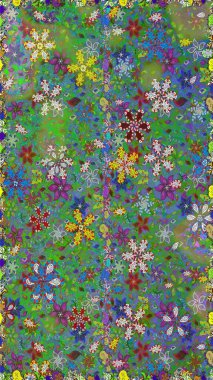 Çok yeşil ve mavi zarif küçük çiçekler ve yeşil ve mavi renkli komik böcekler, raster desen, illüstrasyon.