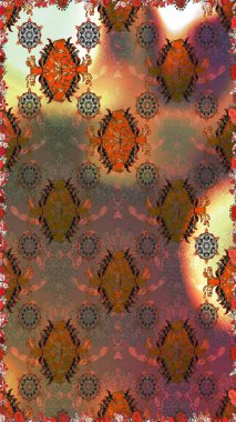 Kahverengi ve turuncu küçük çiçekler ve kahverengi ve turuncu renkli komik böcekler, raster desen, illüstrasyon.