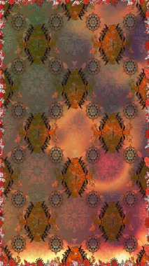 Kahverengi ve turuncu renklerde bahar çiçekleri. Raster illüstrasyonu. Patlayan çiçekler soyut olarak yerleştirilmiş. Raster deseni.