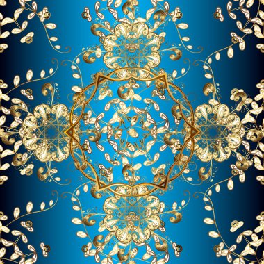 Barok tarzında altın çiçekli süs. Antika altın tekrarlanabilir duvar kağıdı. Damask pürüzsüz yineleme kalıbı. Mavi ve kahverengi renklerde altın element.