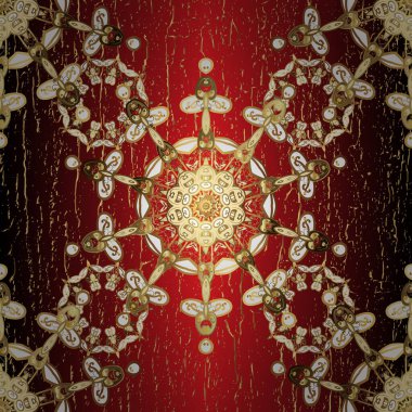 Kırmızı ve kahverengi renklerde altın element. Damask pürüzsüz yineleme kalıbı. Barok tarzında altın çiçekli süs. Antika altın tekrarlanabilir duvar kağıdı.