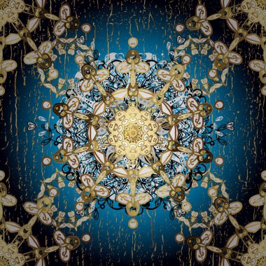 Parlak dantel, stilize çiçekler, şal desenli. Kusursuz altın desenli bukleler. Hassas altın deseni açın. Doğu tarzı arabesk. Mavi üzerinde kusursuz desen, altın elementli siyah renk. Vektör