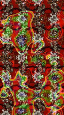 Raster illüstrasyonu. Raster deseni. Patlayan çiçekler soyut olarak yerleştirilmiş. Nazikçe, bahar çiçekleri kahverengi ve kırmızı renklerde.