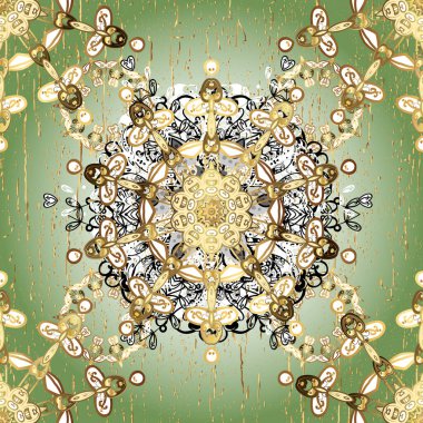 Tekrarlayan elementlerle soyut arkaplan. Kusursuz damaske klasik altın desen. Tarafsız ve altın elementli yeşil renklerde altın pürüzsüz desen.