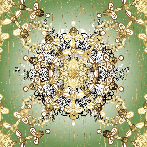 Tekrarlayan elementlerle soyut arkaplan. Kusursuz damaske klasik altın desen. Tarafsız ve altın elementli yeşil renklerde altın pürüzsüz desen.