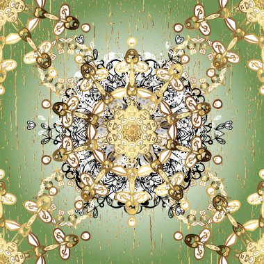 Doğulu stil altın deseni altın elementli tarafsız ve yeşil renklerde arabesk yapar. Kusursuz kıvırcık saçlar. Vektör altın desen.