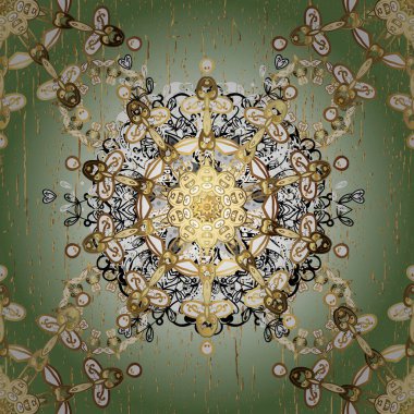 Vektör geometrik arkaplan. Tarafsız ve yeşil renklerde altın çiçekli altın desenler. Senin tasarımın için, duvar kağıdı. Altın rengi kusursuz illüstrasyon.