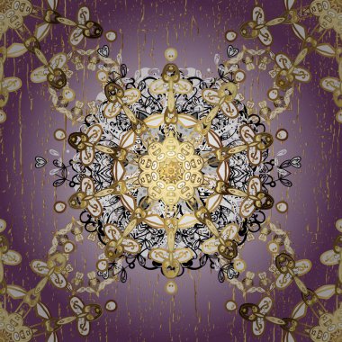 Klasik çiçek dokusu. Vektör çizimi. Altın şablon. Tarafsız ve mor renklerin kraliyet retro 'su. Kusursuz desenli altın elementler. Kart, duvar kağıdı, ambalaj, tekstil için klasik tasarım.