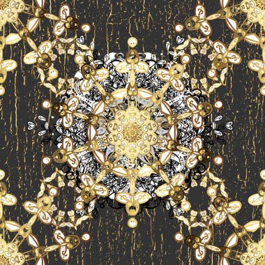 Vektör altın pürüzsüz desen. Gri ve beyaz renklerdeki altın desenli altın elementler. Düz elle çizilmiş klasik koleksiyon. Arkaplan, kumaş, altın duvar kağıdı.