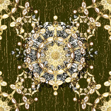 Geleneksel oryantasyon süsü. Kahverengi ve beyaz renklerde altın elementlerle kusursuz desen. Klasik klasik klasik arka plan. Kusursuz klasik vektör altın deseni.