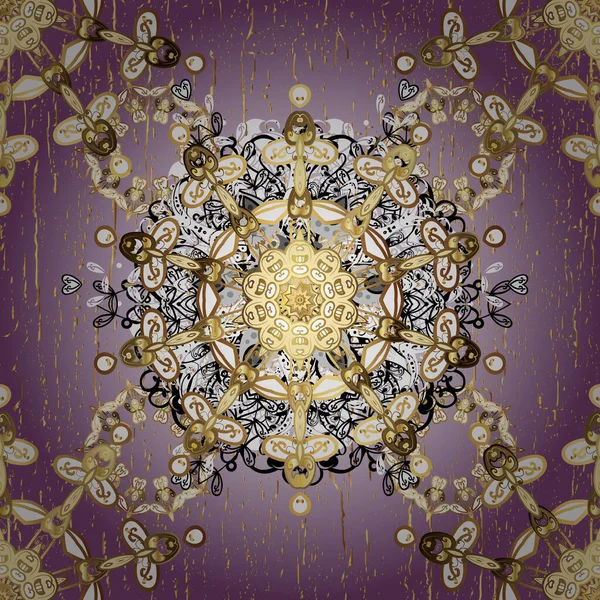 Klasik çiçek dokusu. Vektör çizimi. Altın şablon. Tarafsız ve mor renklerin kraliyet retro 'su. Kusursuz desenli altın elementler. Kart, duvar kağıdı, ambalaj, tekstil için klasik tasarım.