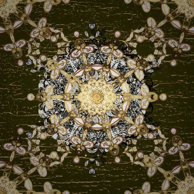 Kahverengi ve beyaz renklerde altın elementlerle kusursuz desen. Geleneksel oryantasyon süsü. Kusursuz klasik raster altın desenli. Klasik vintage arkaplan.