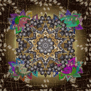 Çiçekli süslemeli, pürüzsüz bir desen. Süslü dantel iz sürücü. Doğu tarzında klasik tasarım öğesi. Hoş renkler üzerine geleneksel Arapça dekor. Duvar kağıdı için altın süslü illüstrasyon.