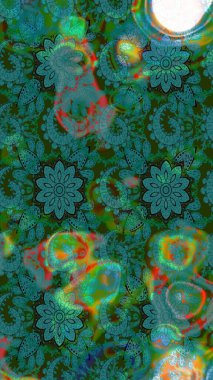 Tropik çiçek desenleri. Raster illüstrasyonu. Yeşil ve mavi renkte çiçekler.