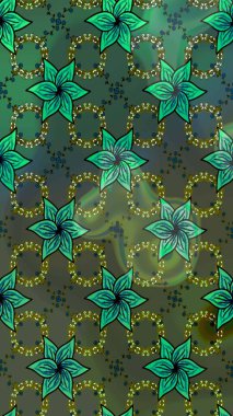 Çizim kalıbı. Hint süsü. Renkli süs kenarı. Raster illüstrasyonu. Çiçek duvar kağıdı. Yeşil ve mavi renklerde.