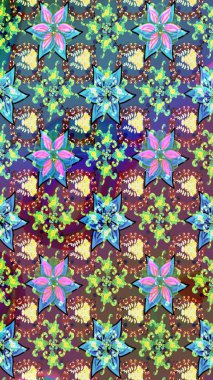 Mavi ve kahverengi renkte çiçekler. Raster illüstrasyonundaki çiçek desenli çizim. Düz Çiçek Elementleri Tasarımı. Renkli Bahar Teması çizim şablonu.