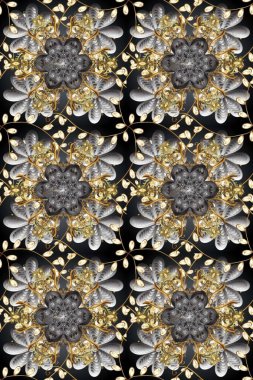 Kusursuz klasik raster altın desenli. Klasik klasik klasik arka plan. Geleneksel oryantasyon süsü. Gri, bej ve kahverengi renklerde altın elementlerle kusursuz desen.