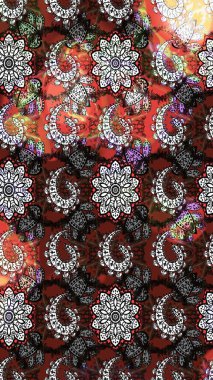 Modern çiçek arkaplanı. Halk tarzı. Moda baskıları için zarif bir şablon. Parlak renkli çiçekleri ve gri ve kahverengi renkte yaprakları olan muhteşem bir çiçek deseni..