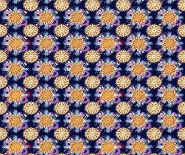 Raster illüstrasyonu. Mavi ve bej renkli Asya tekstili. Kusursuz çiçek deseni.