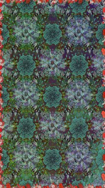 Düz Çiçek Elementleri Tasarım Raster illüstrasyonu. Yeşil ve gri renkte çiçekler. Renkli Bahar Temalı, dikdörtgen desenli arka plan. Çiçekli, suluboya desenli kusursuz çiçek deseni.