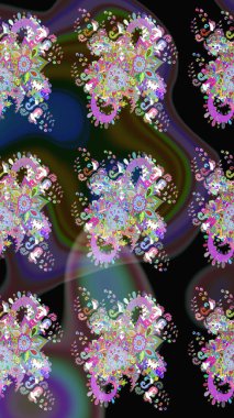 Suluboya elle çizilmiş çiçek desenli eskiz deseni. Parlak renkli fantezi çiçekleri, yapraklar, siyah renkli tomurcuklar.