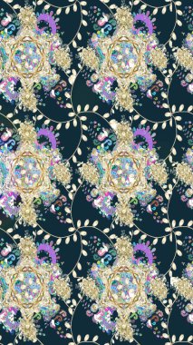 Raster illüstrasyonu. Güzel, parlak, pürüzsüz kumaş, tuval. Desen, çizim, çiçek sınırı. Eski moda arka plan. Kıvırcık, parlak örgü. Çiçeklerin çelengi.