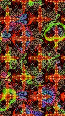 Çiçek desenli çizim. Asya tekstil tarzında. Raster illüstrasyonu. Siyah ve kahverengi renkte çiçekler. Raster illüstrasyonu.