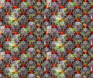 Suluboya elle çizilmiş çiçek desenli eskiz deseni. Parlak renkli fantezi çiçekleri, yapraklar, gri renkli tomurcuklar.