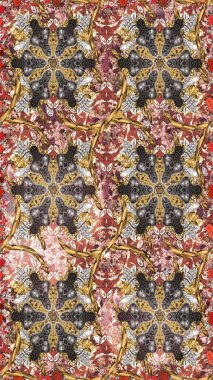 Kahverengi renkli geleneksel Arap dekoru. Çiçekli süslemeli, pürüzsüz bir desen. Doğu tarzında klasik tasarım öğesi. Süslü dantel iz sürücü. Duvar kağıdı için altın süslü illüstrasyon.