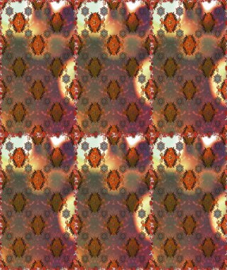 Kahverengi ve turuncu küçük çiçekler ve kahverengi ve turuncu renkli komik böcekler, raster desen, illüstrasyon.