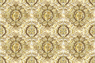 Sarı, beyaz ve bej renklerde, altın karalama fantezi yapraklarından Raster soyut çelengi ve çiçek. El yapımı dekoratif çerçeve, albüm kapağı, tebrik kartı, klasik Art deco tarzı.