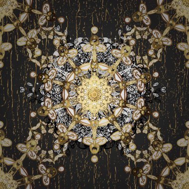 Klasik klasik klasik arka plan. Kusursuz klasik raster altın desenli. Geleneksel oryantasyon süsü. Kahverengi ve beyaz renklerde, altın elementlerle kusursuz desen.