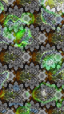 Cute Floral pattern in the small flower. Raster illustration. Flowers on gray and green colors.