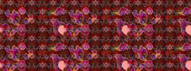 Raster illüstrasyonu. Çiçek buketleriyle klasik bir eskiz şekli. Kahverengi ve kırmızı renklerde.