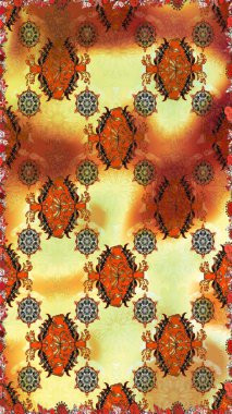 Çiçeksel elementlerle süslenmiş zarif raster dokusu. Kahverengi ve turuncu renklerde parlak çiçekli, soyut, pürüzsüz desen. Küçük çiçekte şirin bir çiçek deseni var..