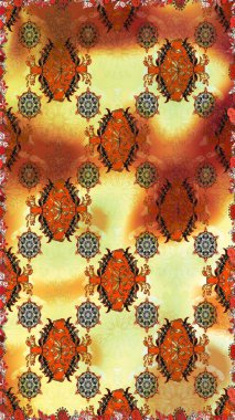 Çiçeksel elementlerle süslenmiş zarif raster dokusu. Kahverengi ve turuncu renklerde parlak çiçekli, soyut, pürüzsüz desen. Küçük çiçekte şirin bir çiçek deseni var..