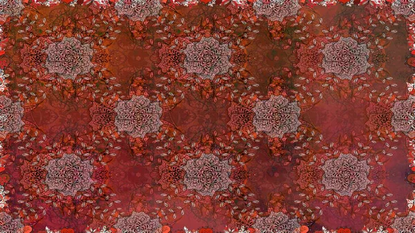 Kahverengi ve kırmızı kahverengi ve kırmızıya. 1950-1960 motifleri. El çizimi çiçek unsurları olan soyut, dikişsiz raster deseni. Retro tekstil tasarım koleksiyonu. Çiçekli ipek eşarp..