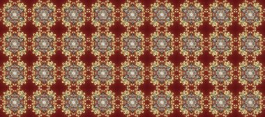Raster illüstrasyonu. Kusursuz ortaçağ çiçek deseni. Kahverengi, bej ve kırmızı renklerde altın. Dekoratif simetri arabesk. Doğum günü, davetiye ya da afiş için tebrik kartı.