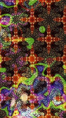 Retro tekstil tasarım koleksiyonu. El çizimi çiçek unsurları olan soyut çizim raster deseni. Çiçekli ipek eşarp. 1950-1960 motifleri. Kahverengi ve siyah üzerine kahverengi ve siyah.