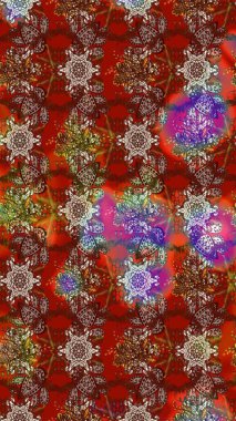 Üzerinde gelincikler ve vadi zambakları olan renkli çiçek desenli nakış deseni. Tekstil tasarımı için kırmızı ve kahverengi renkli geleneksel halk çiçekleri..