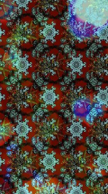 Kumaş desenli papatya çiçeği detayı. Kahverengi ve kırmızı renkte çiçekler.