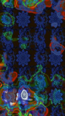 Kabile sanatı boho baskısı, klasik çiçek arkaplanı. Arkaplan dokusu, duvar kağıdı, mavi ve gri renkli çiçek teması. Soyut etnik raster çizim kalıbı.