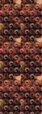 Suluboya elle çizilmiş çiçek desenli eskiz deseni. Parlak renkli fantezi çiçekleri, yapraklar, siyah ve kahverengi renkli tomurcuklar..