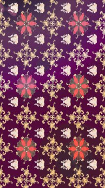 Raster illüstrasyonu. Asya tekstil tarzında. Mor ve bej renkli çiçekler. Çiçek desenli çizim. Raster illüstrasyonu.