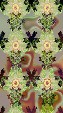 Tarafsız ve yeşil renklerde çiçekler. Çiçekli karalama şeklinde Raster çiçek deseni. Nazik, narin çiçek arkaplanı.